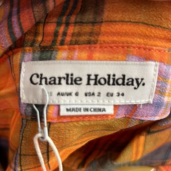 Charlie Holiday Maple Shirt Camden plaid orange blouse size 2 NWT - Picture 14 of 16